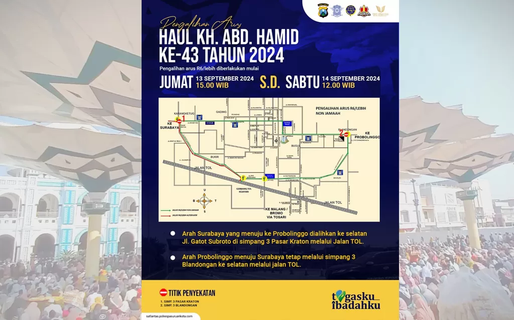 Rekaya arus lalu lintas saat digelarnya haul akbar Mbah Hamid Pasuruan 2024. (Bm)