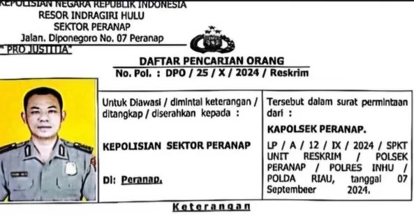Polres Inhu terbitkan DPO untuk Bripka Khairul Yanto terkait dugaan terlibat dalam kasus narkoba. (ist)