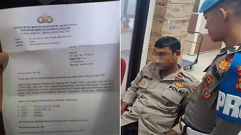 Surat Permintaan THR ke Hotel (kiri) dan oknum polisi minta THR ke Hotel. (Ist)