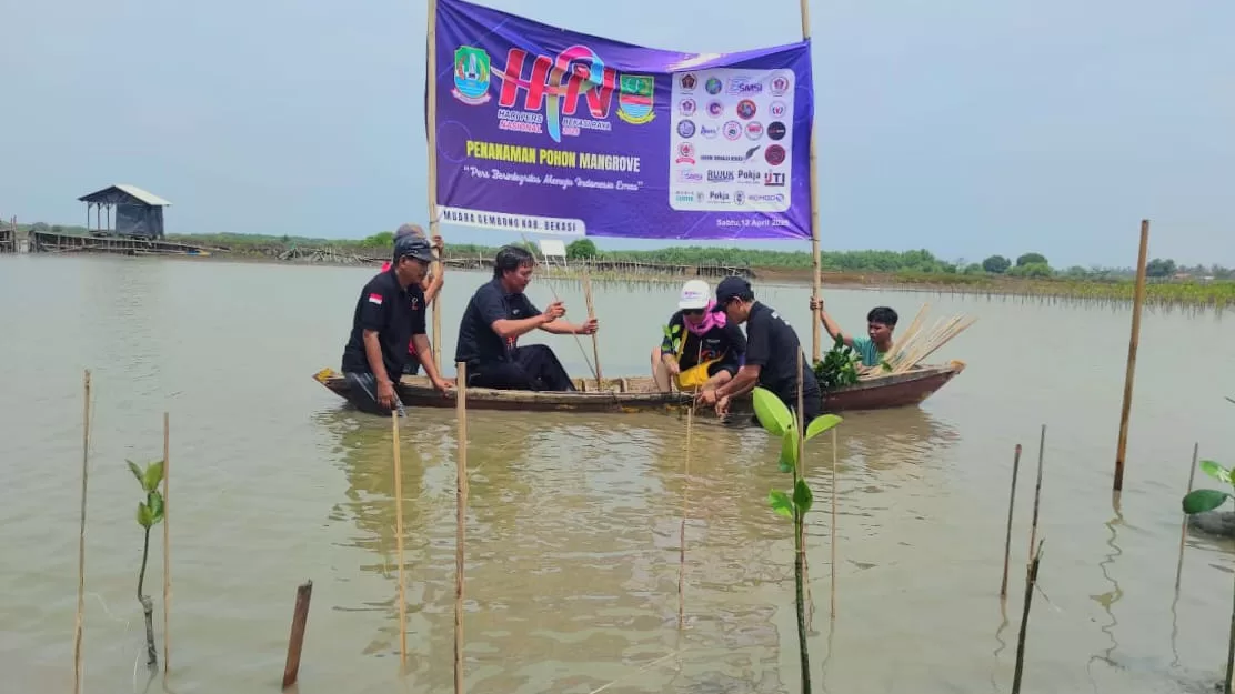Suryono, ST., Ketua Panitia HPN Bekasi Raya 2025 saat menanam pohon mangrove secara simbolis.