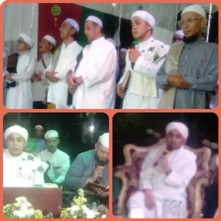 Ratusan jamaah menghadiri peringatan Maulid Nabi Muhammad SAW 1447 H/2025 M yang digelar secara terbuka oleh Panitia Hari Besar Islam (PHBI) Masjid Jami Nurul Yaqin, Jalan Pondok Ungu (Inhutani), Kecamatan Medan Satria, Kota Bekasi, pada Jumat malam (17/10/2025).