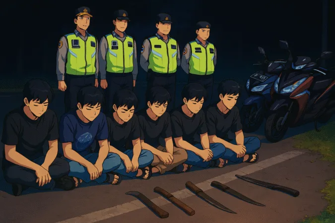 Diduga gangster, Tujuh pemuda diamankan Polsek Prigen saat pesta miras di tepi Jalan Raya Prigen tepatnya di Dusun Jagil, Desa Gambiran, Kecamatan Prigen, Kabupaten Pasuruan pada Minggu (23/11/2025) dini hari kemarin.