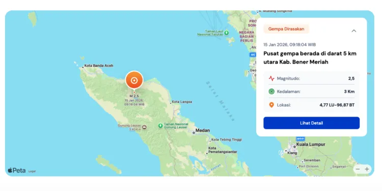 Gempa Magnitudo 2,5 Guncang Bener Meriah, BMKG Sebut Dipicu Aktivitas Sesar Besar Sumatera