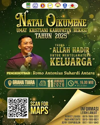 Perayaan Natal Oikumene Umat Kristen Kabupaten Bekasi Tahun 2025 akan digelar pada Minggu, 11 Januari 2026, di Graha Tiara, Cikarang Pusat, mulai pukul 16.00 WIB.