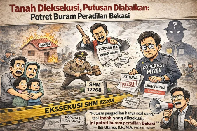 Praktik eksekusi tanah oleh Pengadilan Negeri (PN) Kota Bekasi kembali menuai sorotan keras. Kali ini, praktisi hukum Edi Utama, S.H., M.A. menyebut eksekusi atas Sertifikat Hak Milik (SHM) Nomor 12268 sebagai tindakan yang bertentangan dengan putusan pengadilan sendiri dan berpotensi merusak sendi-sendi kepastian hukum.