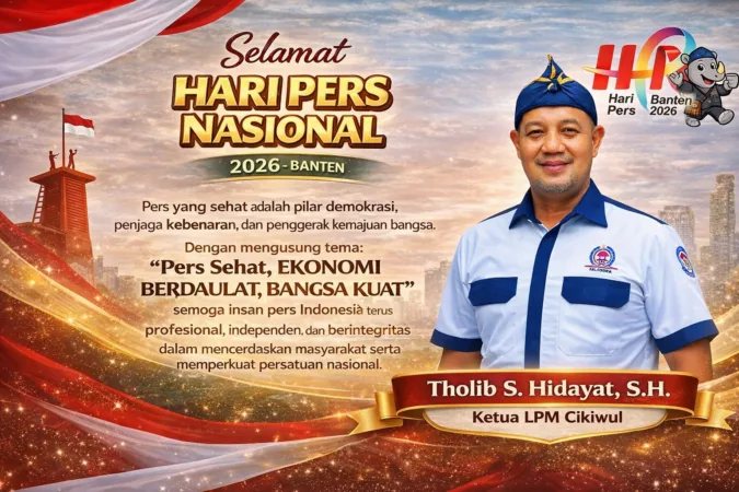 Ketua Lembaga Pemberdayaan Masyarakat (LPM) Kelurahan Cikiwul, Kecamatan Bantar Gebang, Kota Bekasi, Tholib S. Hidayat, SH, menyampaikan ucapan selamat Hari Pers Nasional (HPN) 2026 kepada seluruh insan pers di Indonesia.