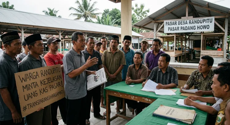 Ilustrasi warga meminta kejelasan sisa uang kas Pasar desa Randupitu (AI)