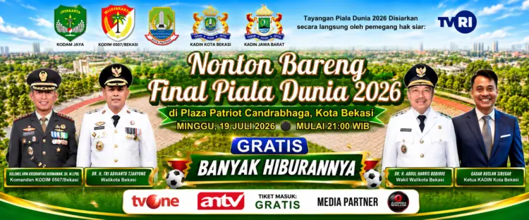 Plaza Patriot Candrabhaga akan kembali menjadi pusat perhatian masyarakat Kota Bekasi saat menggelar nonton bareng (nobar) Final Piala Dunia 2026 pada Minggu, 19 Juli 2026 mulai pukul 21.00 WIB.