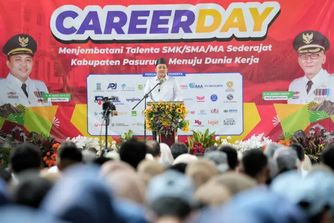 Bupati Pasuruan Rusdi Sutejo saat memberikan sambutan di acara Career Day (BM)