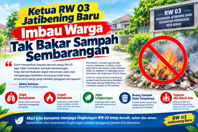 Pengurus RW 03 Kelurahan Jatibening Baru, Kecamatan Pondokgede, Kota Bekasi, mengimbau seluruh warga agar tidak membakar sampah sembarangan di lingkungan permukiman.